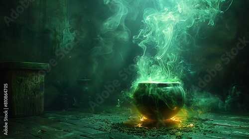 Peer into a dimly lit room where a witch's cauldron bubbles over a mystical fire, casting eerie shadows on the walls.