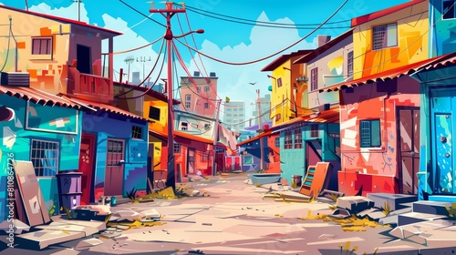 The black and white cartoon illustration shows a poor shantytown with dirty, old buildings and crowded dilapidated shacks. The modern illustration shows a gray slum with a ghetto street with dirty, photo