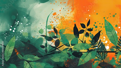 A painting of a forest with green leaves and orange splatters