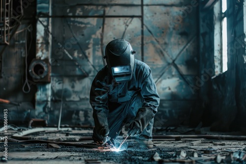 A man in a welding mask working on a piece of metal. Suitable for industrial and construction concepts © Fotograf