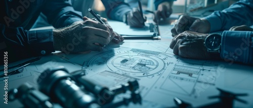 An industrial engineering facility: Close-up on the hands of a group of engineers, technicians, and specialists as they trace lines and analyze engine design technical drafts.