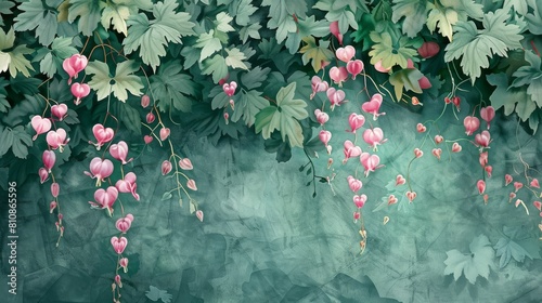 With a watercolor touch, Bleeding Heart Vine wallpaper showcases cascades of green heart-shaped leaves, accentuated by romantic pink and white blooms.  photo
