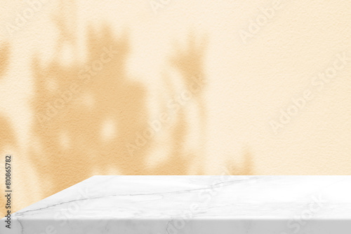 Minimal White Marble Table Corner with Flower Shadow and Beige Light Beam on Concrete Wall Background