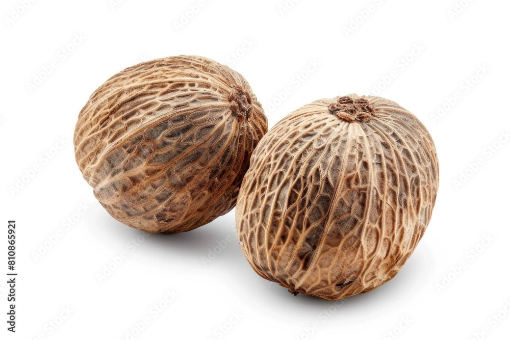 Two whole nutmeats on a white surface, perfect for food backgrounds Two whole nutmeats on a white surface, perfect for food backgrounds