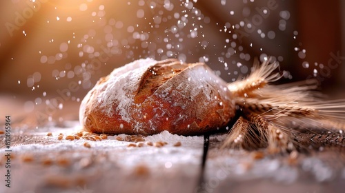 Fresh loaf of bread on rustic table. Perfect for bakery or food concept