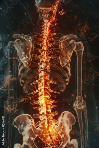 A human skeleton with a glowing spine in the background. Suitable for medical or Halloween themed designs