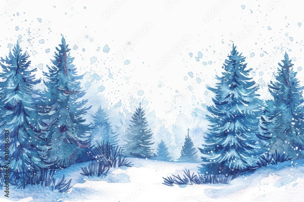 A serene watercolor painting of a snowy forest. Perfect for winter-themed designs