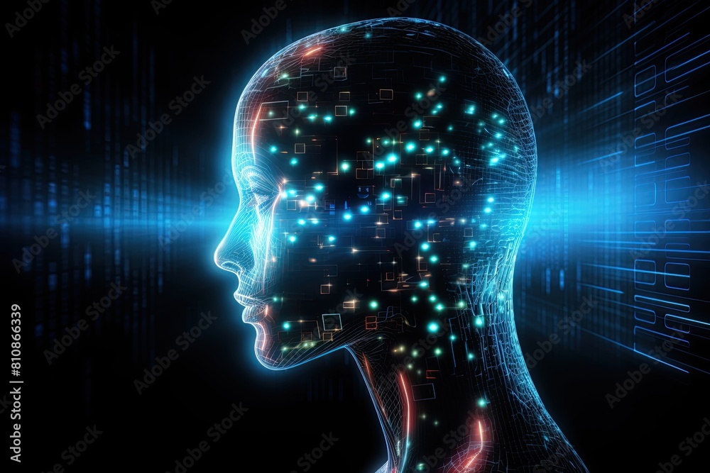 Glowing hologram face. Future technology and artificial intelligence concept. Ai Generative Glowing hologram face. Future technology and artificial intelligence concept. Ai Generative