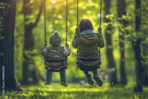 Two Children Swinging in Forest. Generative AI photo