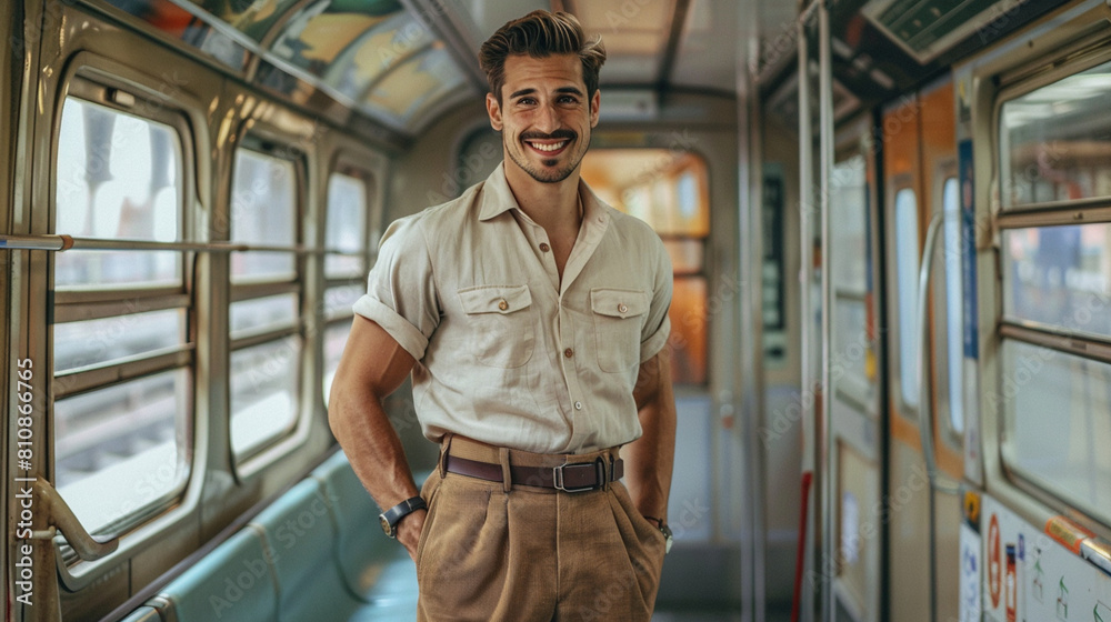 Spanish man standing in a train carriage and posing with a charming smile. blur effect in the backgraund Spanish man standing in a train carriage and posing with a charming smile. blur effect in the backgraund