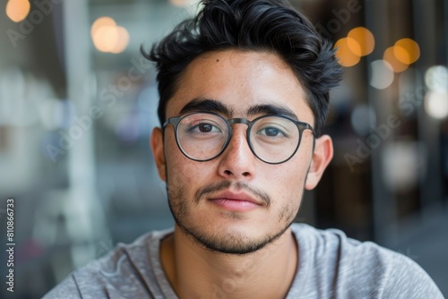 A man with glasses making eye contact with the camera. Suitable for business and professional concepts