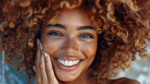 An African American woman with curly frizzy hair smiling and holding her hand to her face