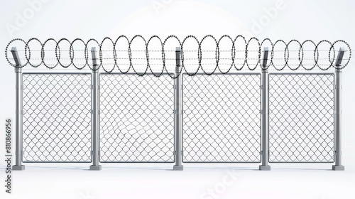 Realistic 3d modern illustration of a grid fence with barbed wire. Two segments mesh rabitz with rhombus cells, metal perimeter protection barrier separated with steel poles on a white background.