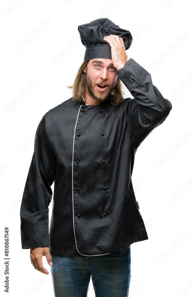 Young handsome cook man with long hair over isolated background surprised with hand on head for mistake, remember error. Forgot, bad memory concept. Young handsome cook man with long hair over isolated background surprised with hand on head for mistake, remember error. Forgot, bad memory concept.