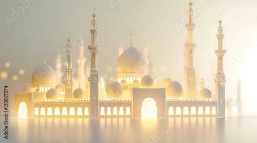 Illuminated Ramadan mosque silhouette against a white backdrop, evoking serenity and reverence.