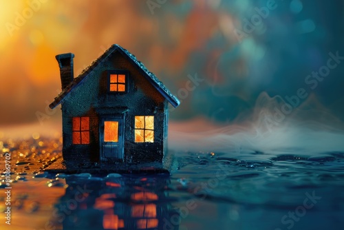 A peaceful scene of a small house floating on water. Ideal for travel and relaxation concepts