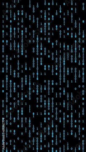 Abstract binary numbers background. Digits 0 1 display on phone screen. Digital technology, cyberspace, big data and artificial intelligence concept. 4K vertical video animation 3d rendering.