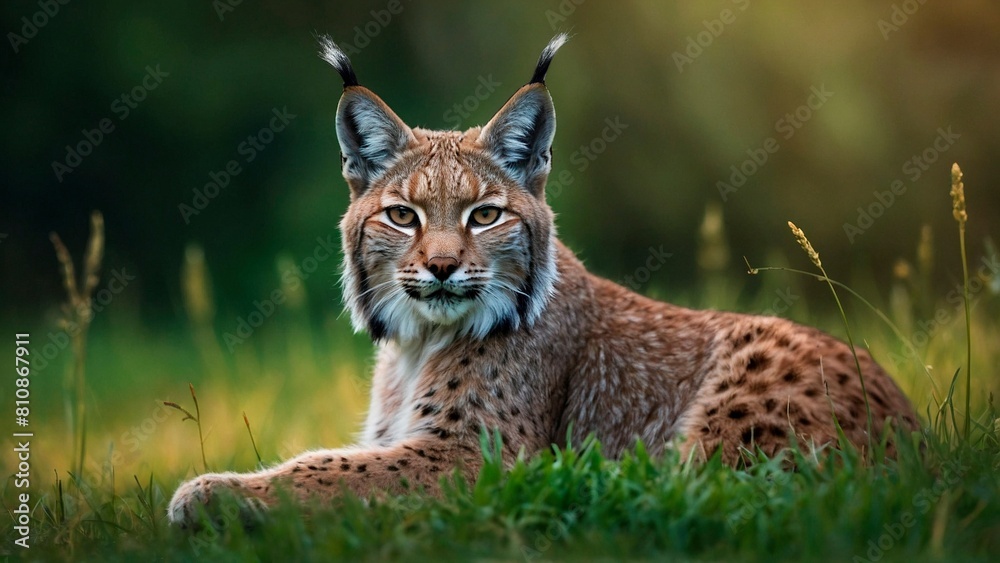 Fototapeta premium Portrait of a lynx bobcat laying on the green grass. Animal mammal wildcat photography illustration. Felis lynx.