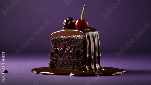 Tasty delicious slice of chocolate cake with chocolate glaze and cherries on purple background. Beautiful sweet pastry bakery dessert food meal advertisement photography illustration wallpaper.