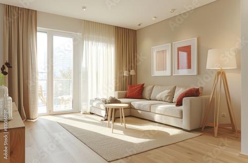 A minimalist living room with a sofa  table and floor lamp  showcasing light wood flooring  neutral tones of beige walls  red accent decor on the couch  and natural lighting from large windows