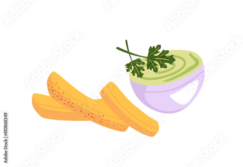 Cheese sticks with mozzarella and jar of spicy green sauce. Crispy snack with bowl of pesto, guacamole and greenery. Delicious street food. Flat isolated vector illustration on white background