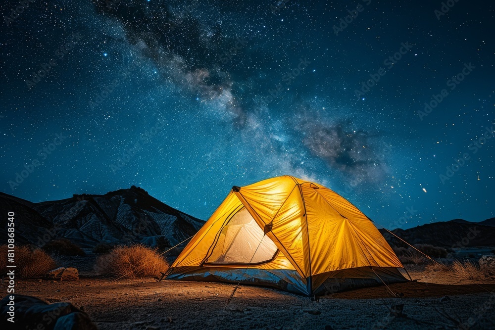 A brightly lit tent under a starry sky in a desert environment, offering a sense of adventure and serenity