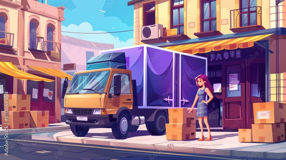 Deliveries, distribution cartoon landing page. Woman customer, owner of ...