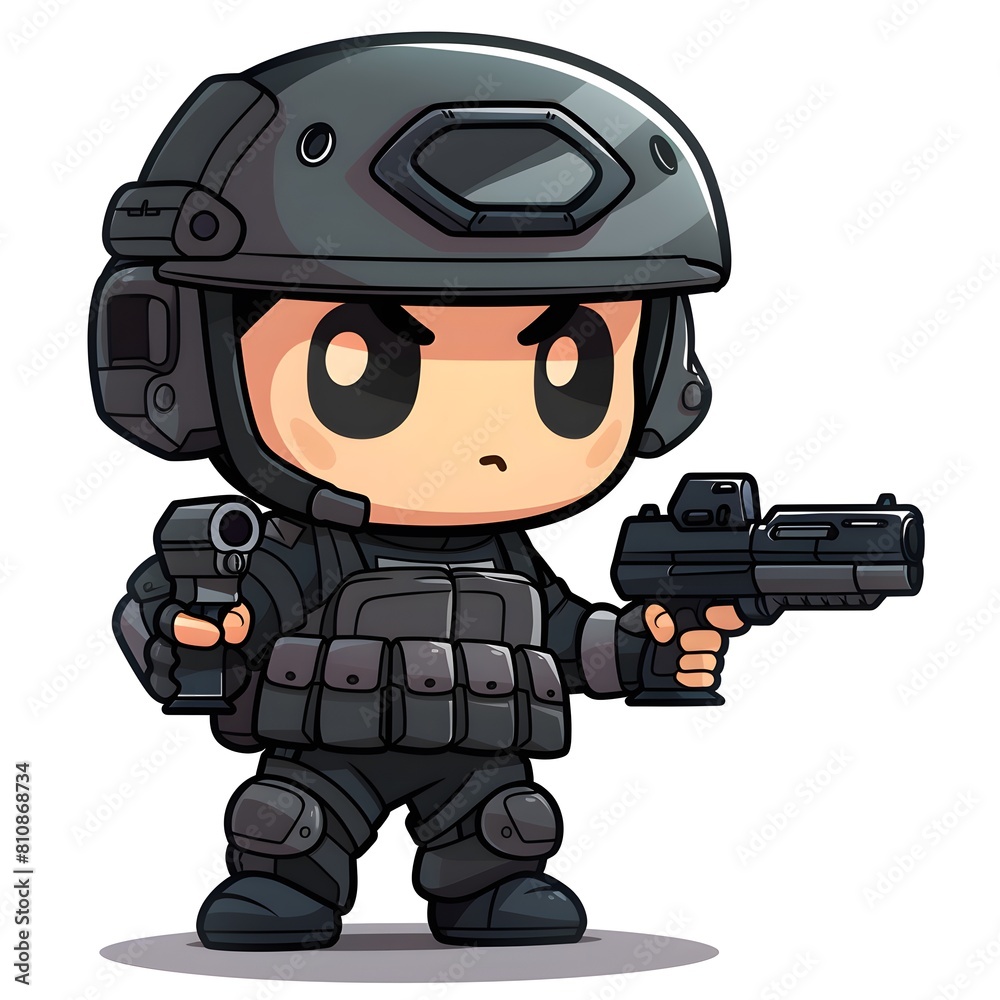 The cute soldier It is wearing tactical gear including a helmet with goggles and ear protection or communication devices attached and hold guns The cute soldier It is wearing tactical gear including a helmet with goggles and ear protection or communication devices attached and hold guns