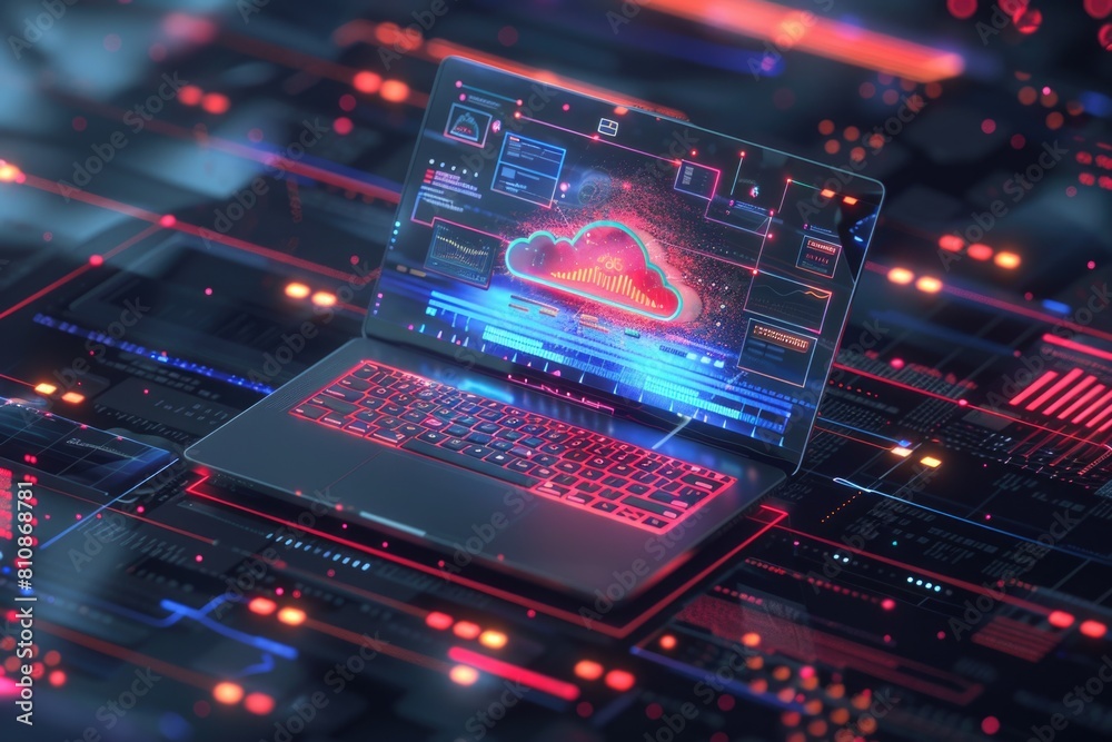 A laptop computer placed on a circuit board. Ideal for technology and electronics concepts A laptop computer placed on a circuit board. Ideal for technology and electronics concepts