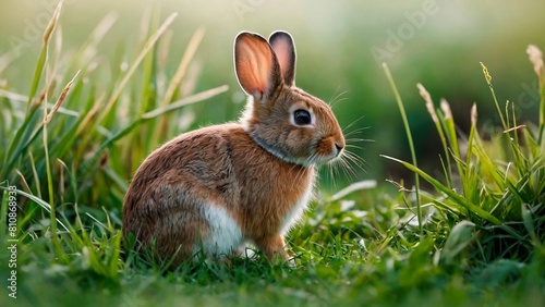 Cute little rabbit hare sitting on green grass field meadow. Beautiful bunny portrait wildlife animal photography illustration wallpaper concept.