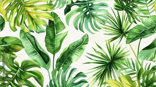 Vibrant watercolor painting of tropical leaves on a white background. Perfect for tropical themed designs
