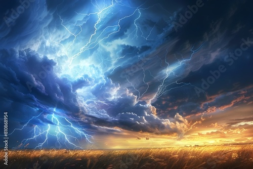 Intense lightning storm illuminates dramatic sky over rural landscape