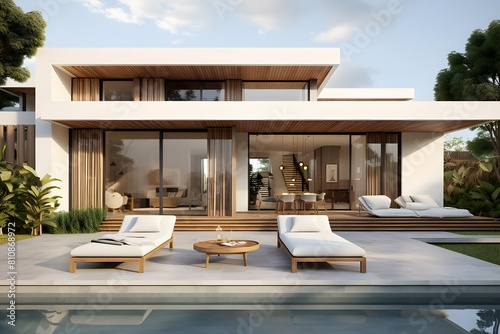Modern interior of a minimalist house with a swimming pool and soft sun loungers, generated by AI. photo