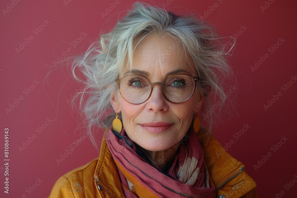 In this front portrait, an elderly woman exhibits a modern and vibrant outfit, exuding style In this front portrait, an elderly woman exhibits a modern and vibrant outfit, exuding style