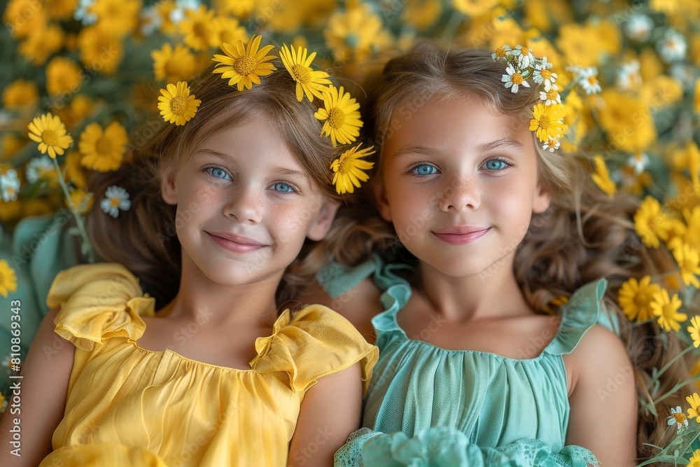 Two young girls lying among daisy flowers, dressed in vibrant yellow dresses, posing for a springtime concept photo Two young girls lying among daisy flowers, dressed in vibrant yellow dresses, posing for a springtime concept photo