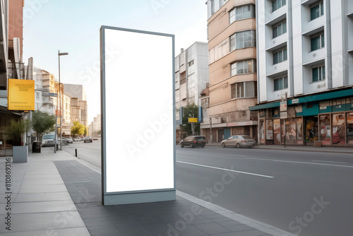 Mockup of a lightbox city light in a city among buildings and sky photo