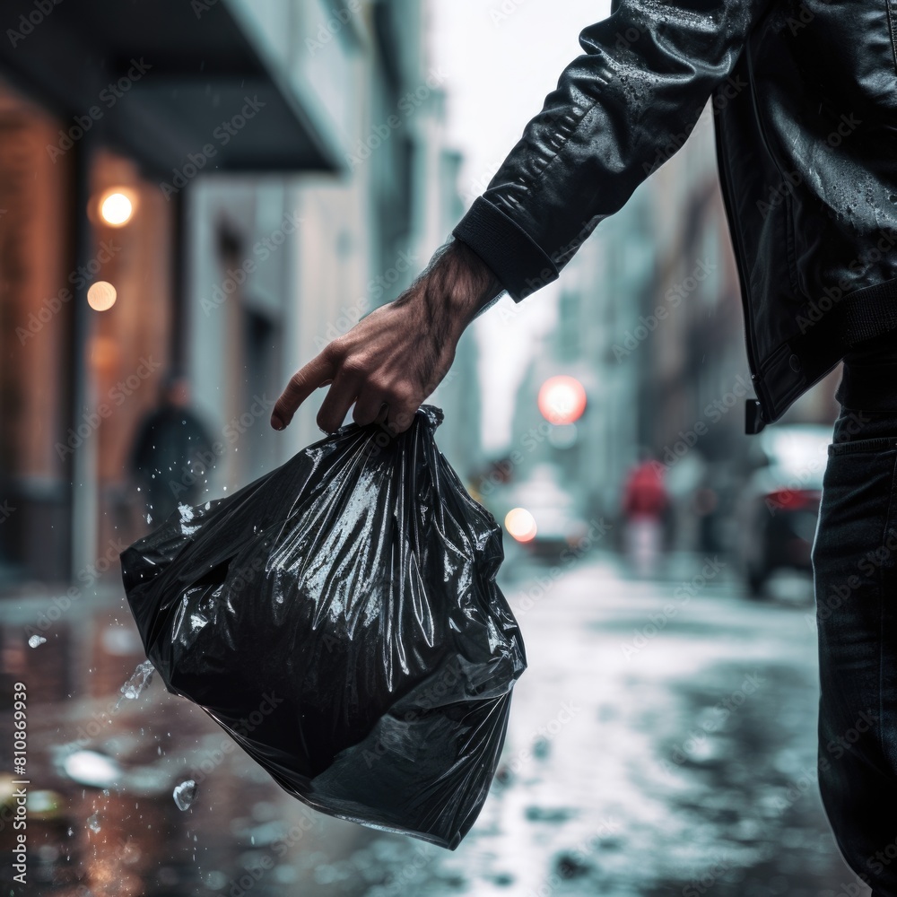Obraz premium A person holding a black garbage bag on a rainy city street