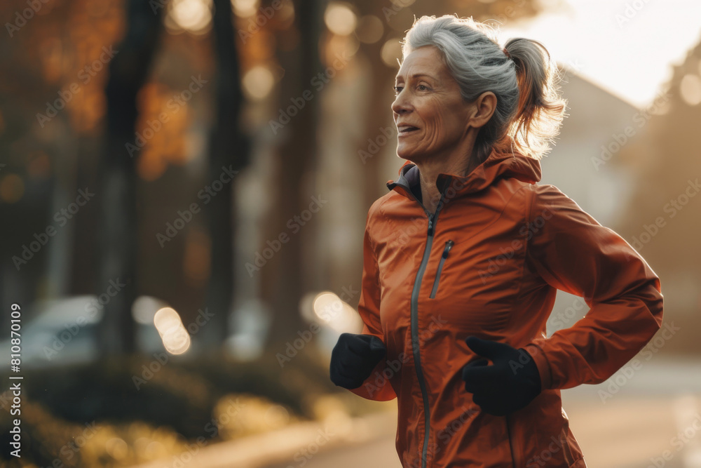 Obraz premium Woman in Orange Jacket Running Down Street. Generative AI