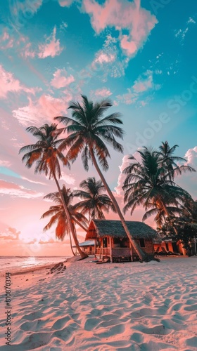 A scenic view of a sandy beach lined with tall palm trees and a traditional hut under the clear sky