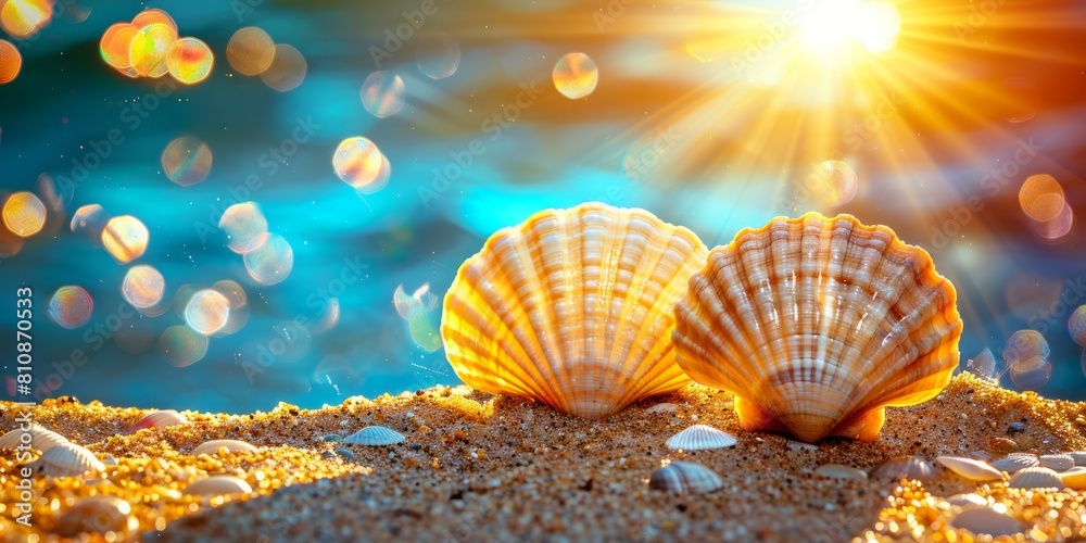 Two shells on the beach with sun shining. Two shells on the beach with sun shining.