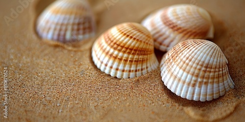 Three sea shells on a sandy beach.