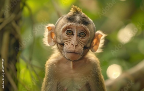 A cute monkey lives in a natural forest during a sunny day