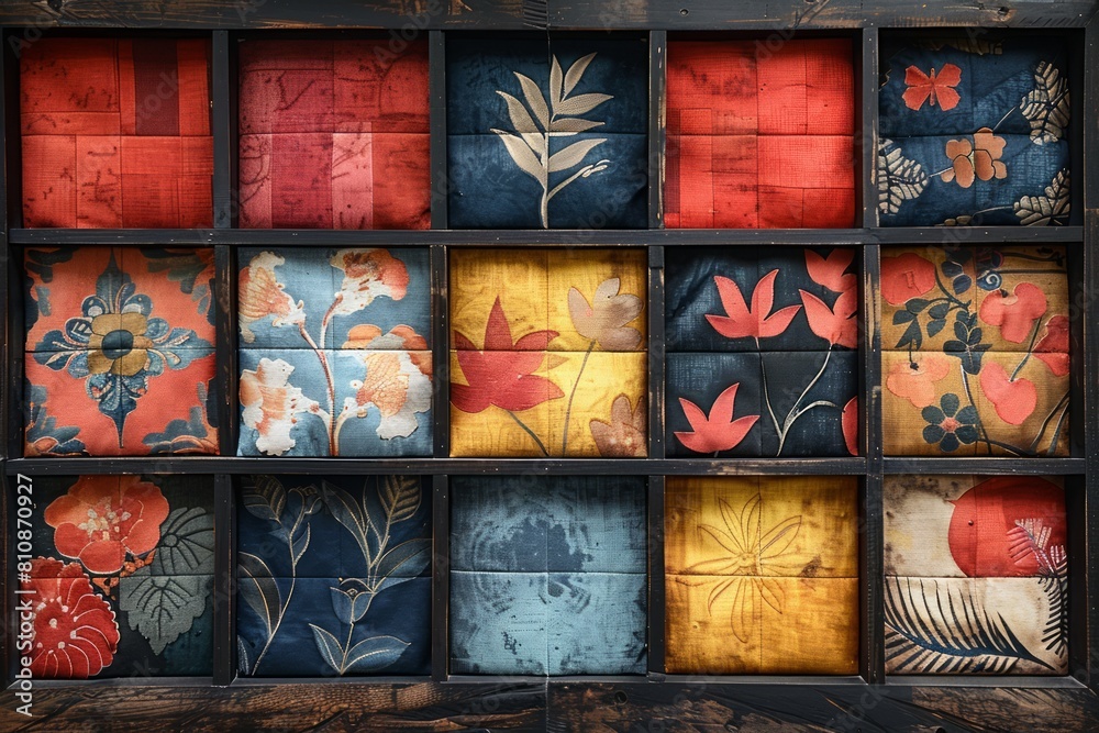 A wooden box with many different colored fabrics. A wooden box with many different colored fabrics.