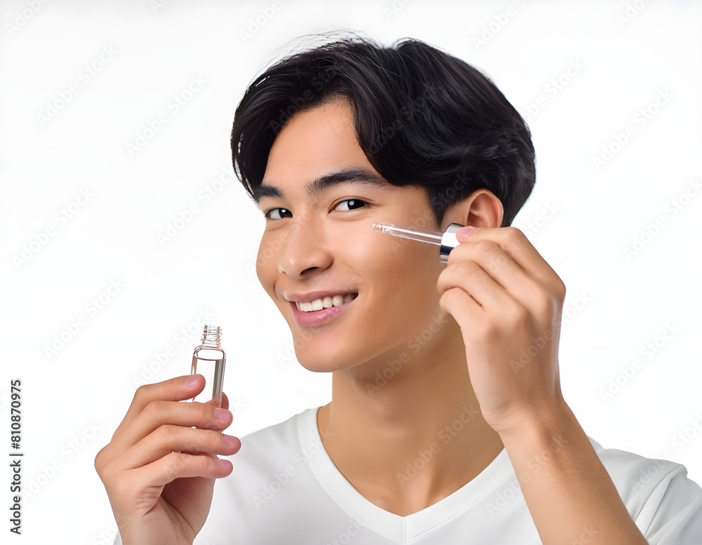 Young asian man applying beauty serum on his face. Confident young man taking care of his me Young asian man applying beauty serum on his face. Confident young man taking care of his me