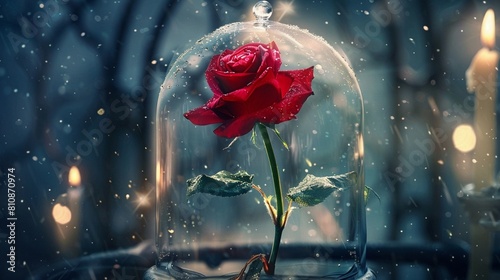 A shining rose under a glass cae as in beauty and the beast photo