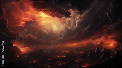 Dramatic Sunset Sky with Storm Clouds and Lightning over Silhouetted Mountains