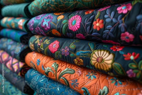 A stack of colorful embroidered fabrics.