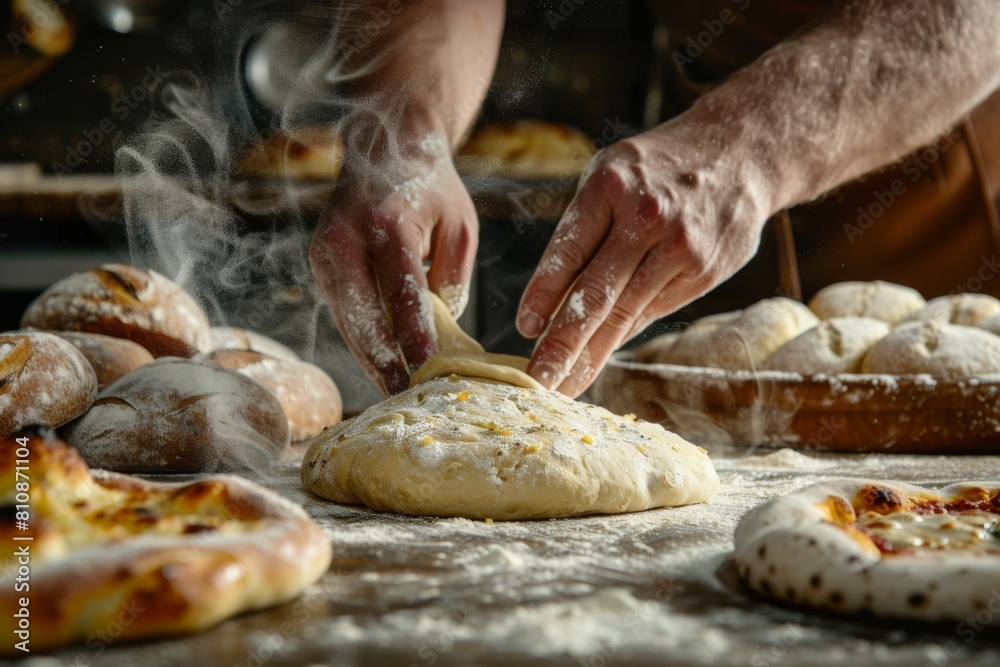 A man is making a pizza dough on a table with other pizzas. The dough is covered in flour and the man is rolling it out A man is making a pizza dough on a table with other pizzas. The dough is covered in flour and the man is rolling it out