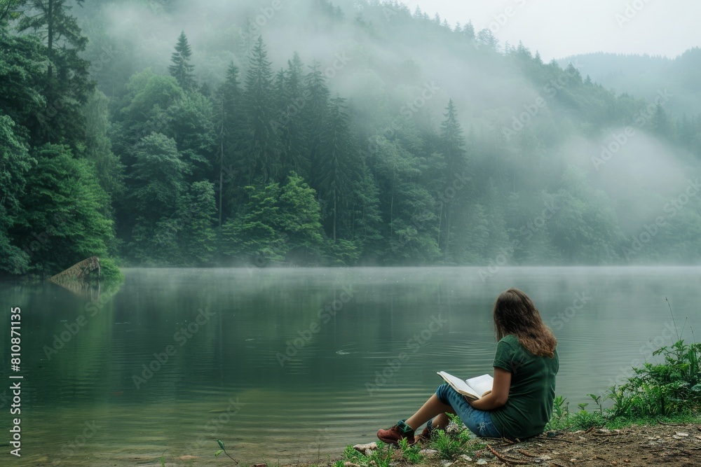 A woman sits by a lake, reading a book. The scene is peaceful and serene, with the misty atmosphere adding to the calmness of the moment. The woman is fully immersed in her book A woman sits by a lake, reading a book. The scene is peaceful and serene, with the misty atmosphere adding to the calmness of the moment. The woman is fully immersed in her book