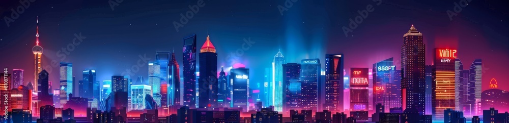 A city skyline at night with neon lights and a sign that says 